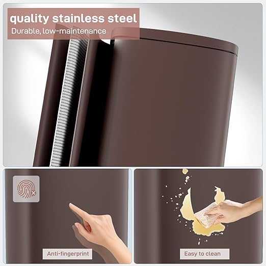 Arlopu 8 Gallon Step Trash Can, Stainless Steel Garbage Bin, Soft-Close Rubbish Bin with Removable Plastic Inner Bucket, Fingerprint-Proof, Lid Dustbin, Suit for Kitchen Home (Brown, 30L)