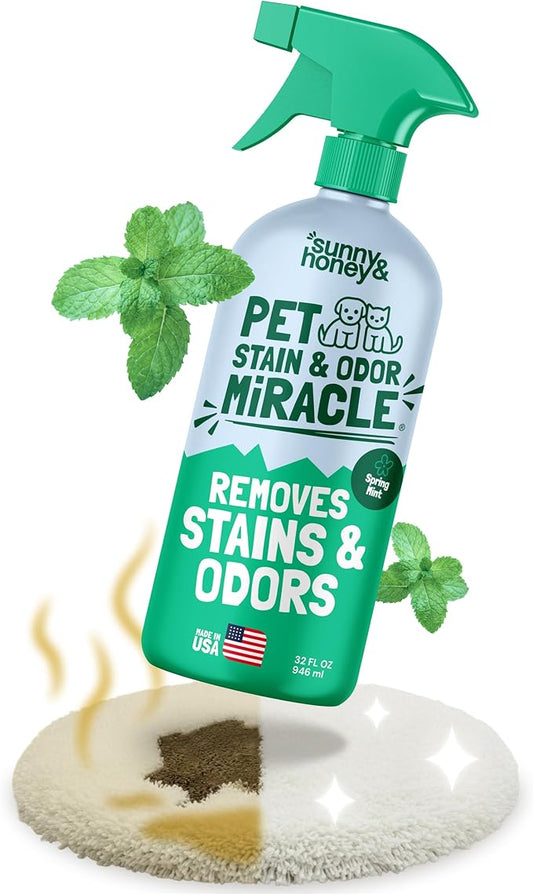 Sunny & Honey Pet Stain & Odor Miracle - 32 Fl Oz, Spring Mint Scent - Carpet Cleaner & Enzyme Spray for Carpets, Mattresses & Upholstery - Rug Shampoo & Dog Pee Cleaner & Odor Remover