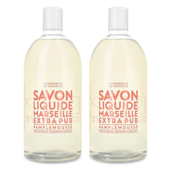 Compagnie de Provence Savon de Marseille Extra Pure Liquid Soap, Pink Grapefruit, Two 33.8 fl oz Plastic Bottle Refills