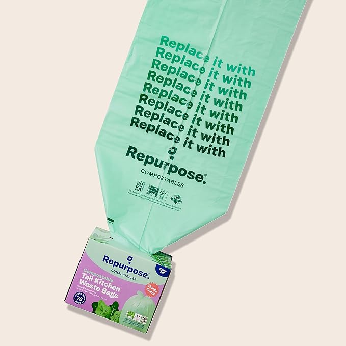 Repurpose 13 Gallon Compostable Kitchen Trash Bags, 75 Bags, BPI Certified, Leak-Proof, FDA Approved, Recyclable Packaging