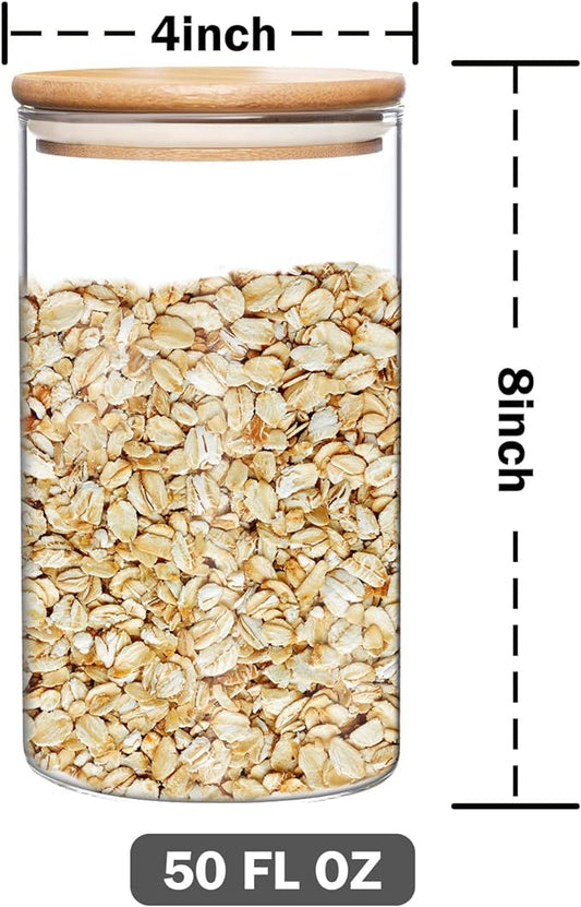 umieo Large Glass Flour and Sugar Containers 50oz Set of 2, Glass Jar with Airtight Lids, Clear Storage Containers with Bamboo Lids for Rice, Oat, Nuts, Candy, Cereal, Coffee, Beans