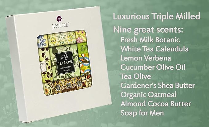 Jolitee French Milled Botanical Soap Sampler Set of 9 - Individually Wrapped Vegetable-Based Mini Soaps with Essential Oils, Shea Butter, and Natural Extracts (Pure and Simple)