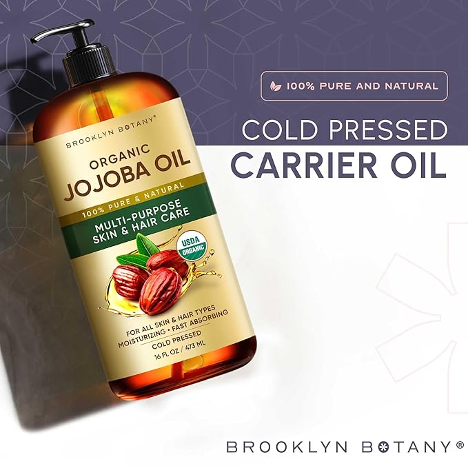 Brooklyn Botany Cold-Pressed Organic Jojoba Oil | for Skin, Hair and Face | 16 Fl Oz | 100% Pure and Natural | Carrier Oil for Essential Oils, Aromatherapy and Massage | Hexane Free
