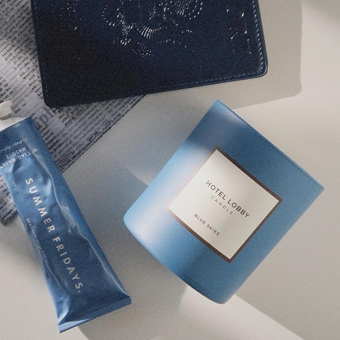 Hotel Lobby Blue Skies Candle – Luxury Hand-Poured 9.75oz Soy Wax with Champagne, Vintage Leather, Mahogany, and Smoke – Infused with Essential Oils, 65-Hour Burn Time, Reusable Vessel, Clean Burn