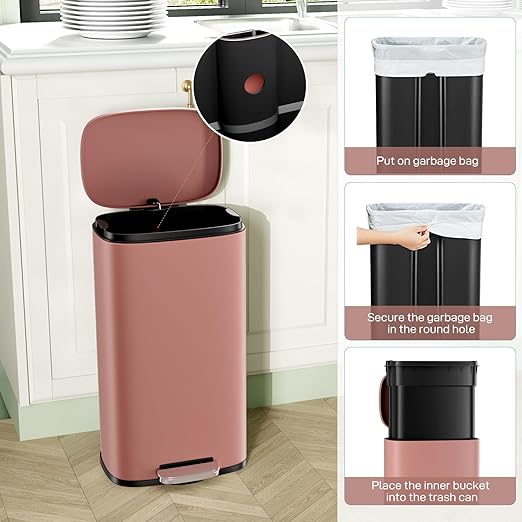 Arlopu 8/13.2 Gallon Step Trash Can, Stainless Steel Garbage Bin, Soft-Close Rubbish Bin with Removable Plastic Inner Bucket, Fingerprint-Proof, Lid Dustbin, Suit for Kitchen Home (Pink, 50L)
