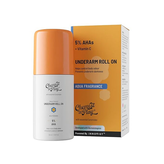 Chemist at Play UnderArm Roll-On with 5% AHA| Lactic & Mandelic Acid|Prevents Odour, Brightens Skin & Exfoliates Underarm | For Sensitive Skin | Aqua Fragrance | Alcohol & Aluminium Free | 1.35 fl oz