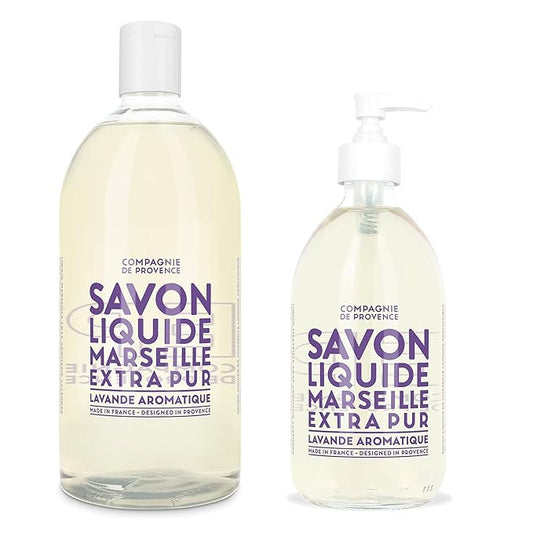 Compagnie de Provence Savon de Marseille Extra Pure Liquid Soap - Aromatic Lavender - 16.7 Fl Oz Glass Pump Bottle and 33.8 fl oz Plastic Bottle Refill