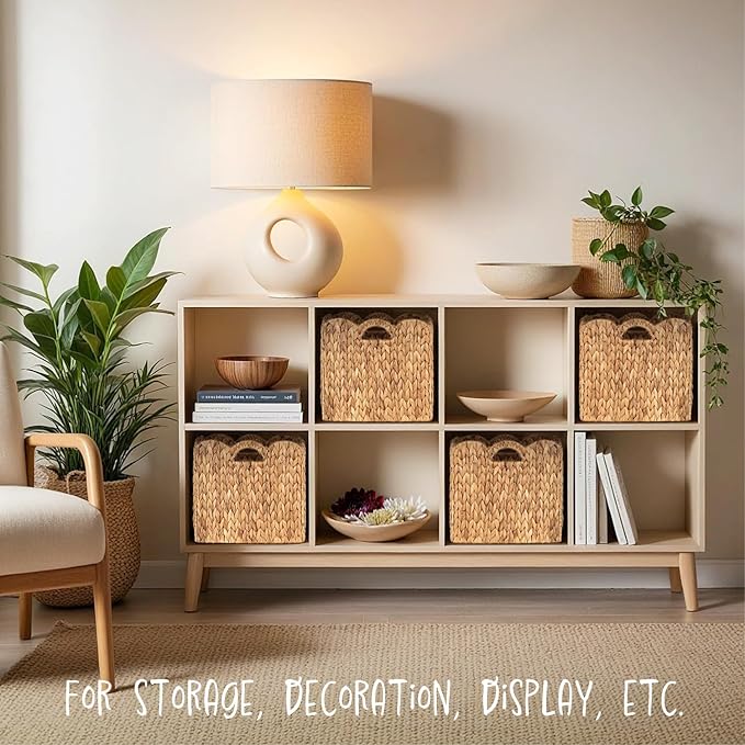 Set of 4 Foldable Scalloped Water Hyacinth Storage Cubes Basket, Storage Cube Bins -12"x12"x12", Collapsible Cube Organizers, Water Hyacinth Woven Bins for Bathroom, Bedroom, Laundry, Pantry, Shelves