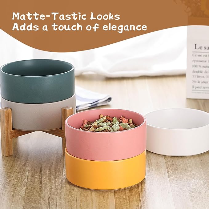 Elevated Ceramic Cat Bowl - Cat Food Bowl with Bamboo Stand - Raised Dog Dish for Puppies - Anti Vomiting, Stress Free - 13.5 oz / 400 ml - Grey