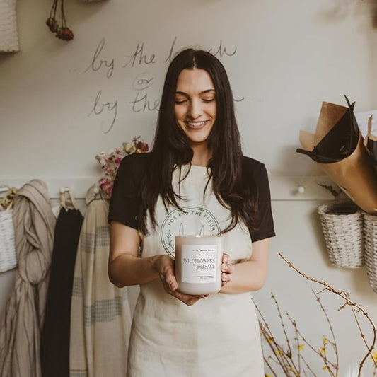 Sweet Water Decor Wildflowers & Salt Candle - Jasmine, Rosemary, Sea Salt, and Honey Scented Spring Candles for Home - 15oz Tan Jar, 70+ Hour Burn Time, Made in The USA