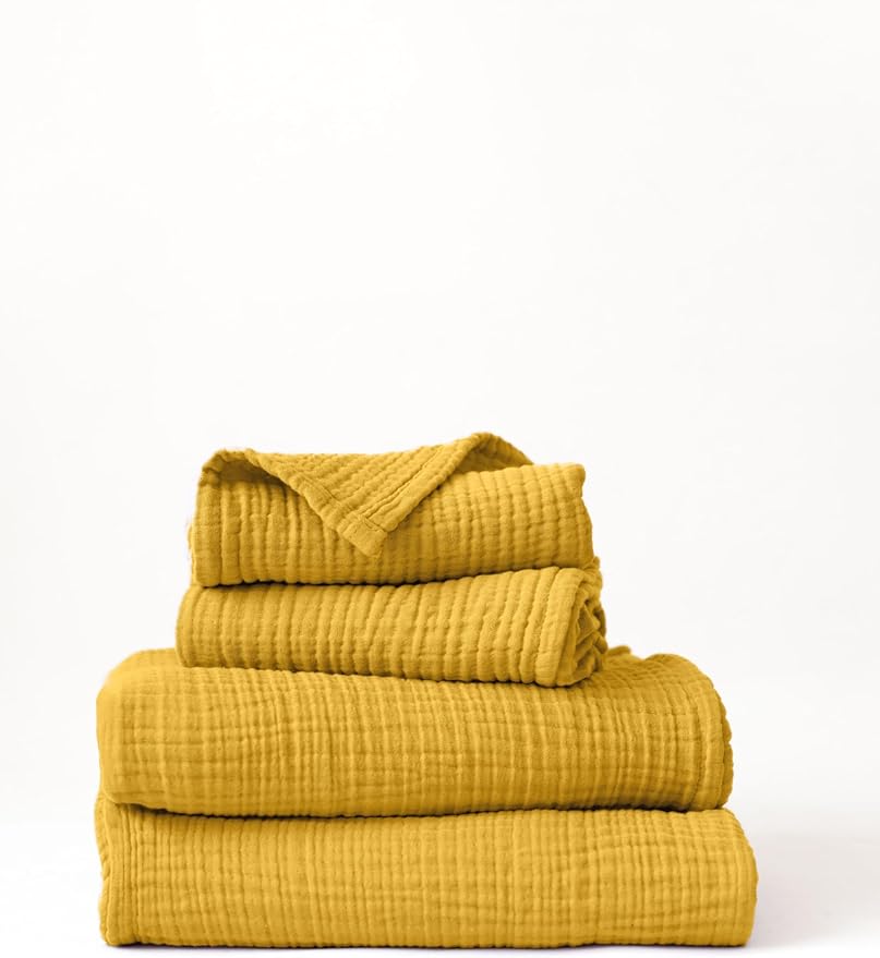 4 Pieces Muslin Towel Set for Bathroom, Luxury 100% Turkish Cotton Thin Soft Quick-Dry Lint-Free Large Size Bath Hand Towel Sets (Mustard, 2 Bath & 2 Hand Towel Set)