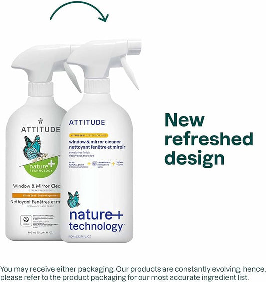 ATTITUDE Window and Mirror Cleaner, EWG Verified, Plant- and Mineral-Based Ingredients, Vegan and Cruelty-free Household Products, Citrus Zest, 27.1 Fl Oz