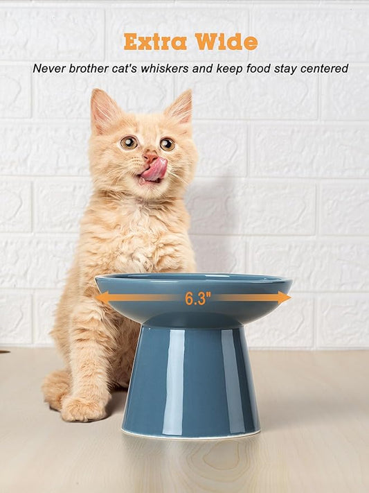 LoeJan Elevated Cat Food and Water Bowls Set, Extra Wide and Raised Ceramic Feeder, Anti-Vomit Whisker-Free Pressure Feeding Bowl for Kittens Adult Small Dogs (Deep Blue, Food Bowl)
