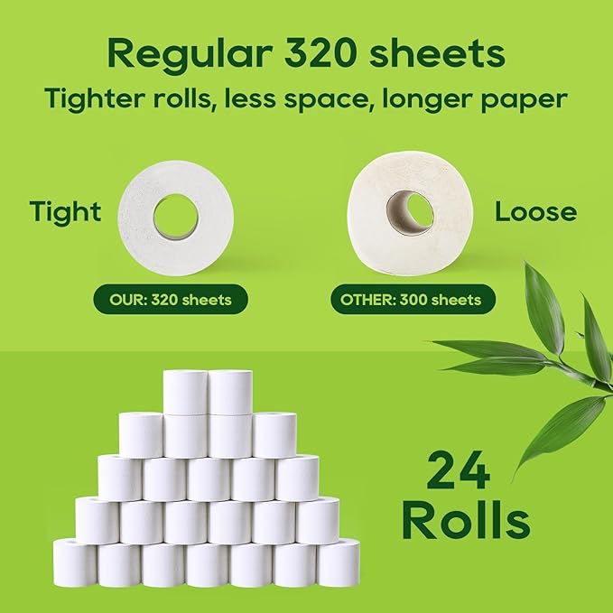 ECOLipak Bamboo Toilet Paper, Septic Safe Toilet Tissue, 24 Double Rolls, 320 Sheets Per Roll, Tree Free, Non Toxic, 2 Ply, Soft and Absorbent, Eco Friendly Dye-Free Paper