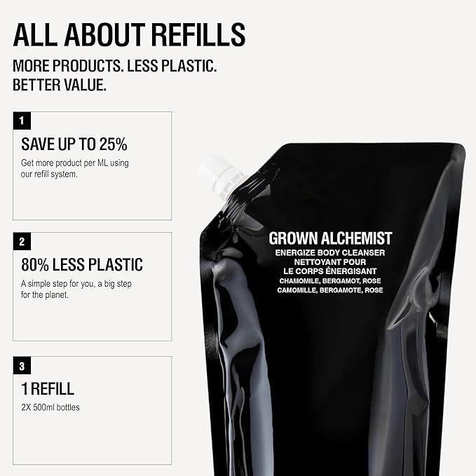 Grown Alchemist Invigorate Hand Wash Refill Pouch, Sweet Orange, Cedarwood, Sage. Soothe, Soap to Cleanse & Nourish Skin, (1L).