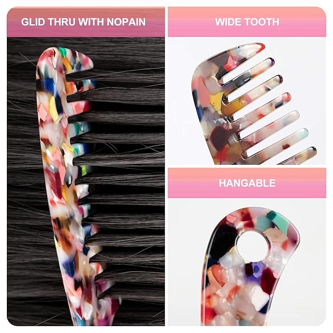 Large Wide Tooth Hair Comb,[Tortoise Shell] Cellulose Acetate Round Tooth Comb for Straight/Curly Hair,Short/Long Hair Women Men or Kids,Easy Detangling Wet or Dry,Anti-static (Multi-colored)