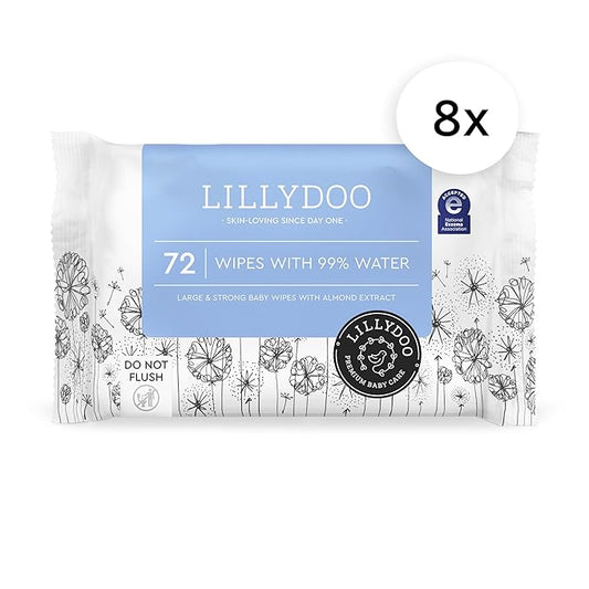 LILLYDOO Baby Wipes with 99% Water – Unscented, Hypoallergenic, Plant-Based, Strong & Plastic-Free, Compostable, 8 resealable Packs x 72 (576 Wipes Total)