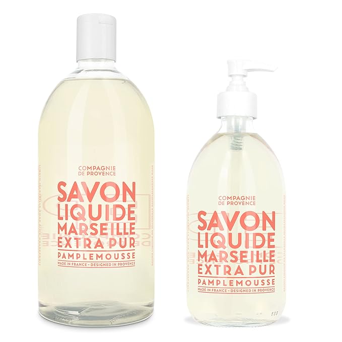 Compagnie de Provence Savon de Marseille Extra Pure Liquid Soap - Pink Grapefruit - 16.7 Fl Oz Glass Pump Bottle and 33.8 fl oz Plastic Bottle Refill