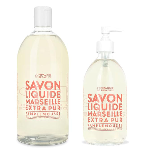 Compagnie de Provence Savon de Marseille Extra Pure Liquid Soap - Pink Grapefruit - 16.7 Fl Oz Glass Pump Bottle and 33.8 fl oz Plastic Bottle Refill