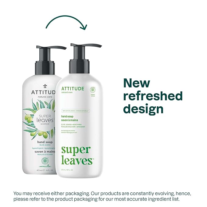 ATTITUDE Liquid Hand Soap, EWG Verified, Plant and Mineral-Based, Vegan Personal Care Products, Olive Leaves, 16 Fl Oz