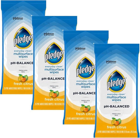 Pledge Multisurface Cleaning Wipes, pH Balanced, Fresh Citrus, 25 Count (Pack of 4, 100 Total Wipes)