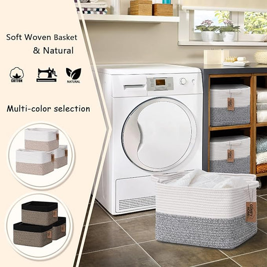 COMFY-HOMI 3-Pack Cotton Rope Woven Rectangular Basket with Handles for Organizing, 13.5" x 11" x 9.5", White/Grey