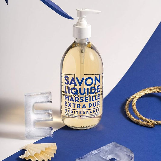 Compagnie de Provence Savon de Marseille Extra Pure Liquid Soap - Mediterranean Sea - 16.7 Fl Oz Glass Pump Bottle and 33.8 fl oz Plastic Bottle Refill