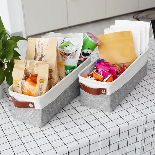 Univivi 4PC Small Fabric Storage Bins,15x6x5 inch Long Narrow Storage Baskets with PU Handles for Closet,Cabinet,Countertop Organizing Small Items (Gray,15x6x5 inch)