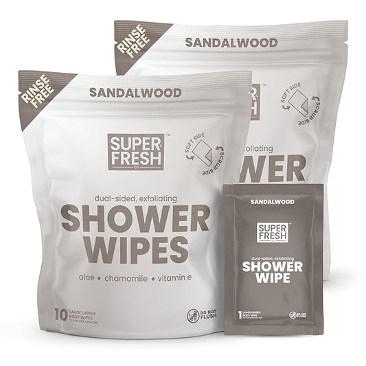 Super Fresh Shower Wipes Large Sandalwood Body Wipes for No Rinse Bathing Personal Hygiene Gym Travel or Camping Enriched with Aloe and Vitamin E 20 Individually Wrapped Disposable Sheets