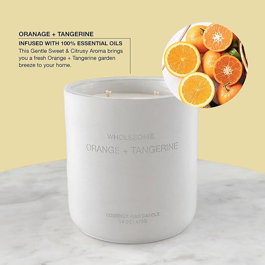 WHOLESOME. Orange + Tangerine Scented Non Toxic Candles - 100% Natural Coconut Wax Candle, 90 Hours Burn, 2 Wicks, Aromatherapy & Stress Relief Candles, Vegan Candle, 16 oz Concrete Jar