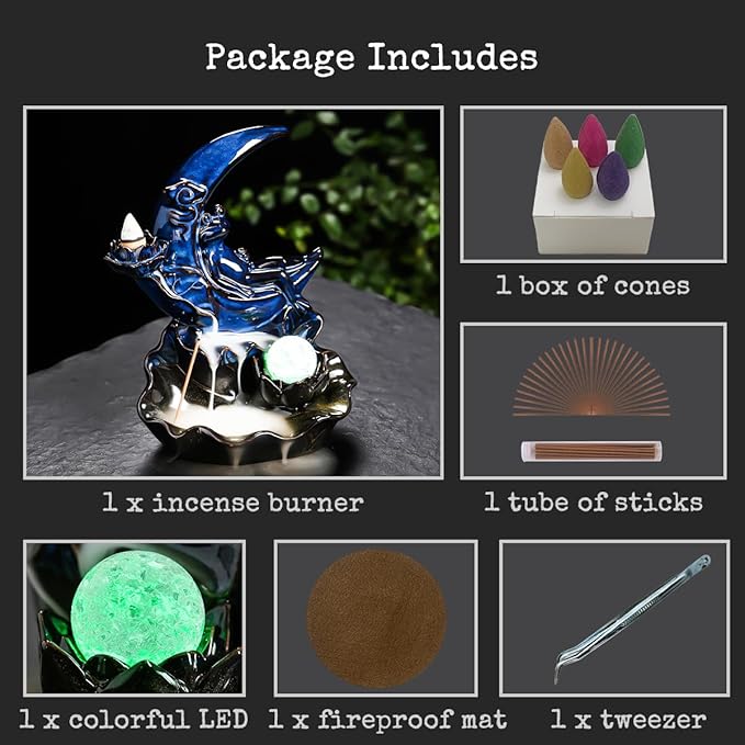 ChangWanna Moon Incense Holder Burner - Frog Ceramic Cone Backflow Incense Burner Smoke Fountain, Back Flowing Incense Diffuser with 45 Sticks & 10 Cones, Frog Ornament for Aromatherapy/Yoga Decor