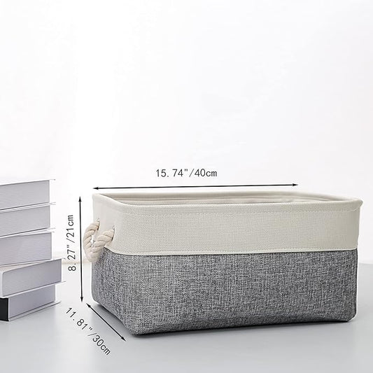 Fabric Storage Basket, Foldable Linen Storage Box for Nursery and Home, Collapsible Canvas Shelf Basket for Wardrobe or Bedroom, Grey and White