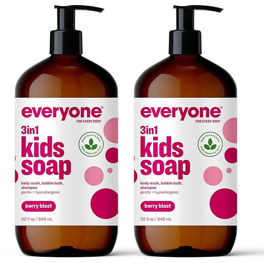 Everyone 3-in-1 Kids Soap, Body Wash, Bubble Bath, Shampoo, 32 Ounce (Pack of 2), Berry Blast, made with Essential Oils for Toddlers, tweens and teens