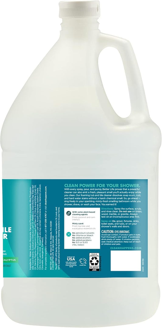 BETTER LIFE Bathroom Cleaner - Tea Tree Bathtub & Shower Cleaner Spray for Glass and Tile - Foaming Mold and Mildew Remover for Tub Works on Hard Water Stains - 1 Gal Refill