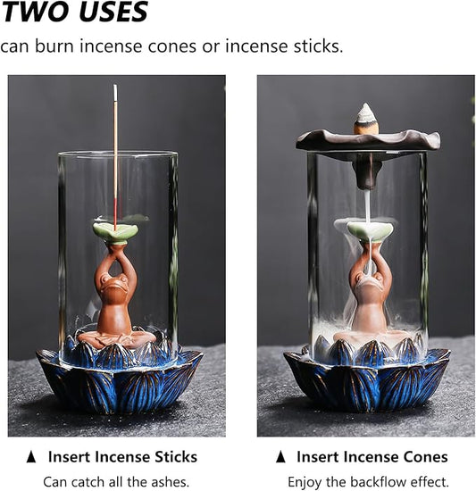 ChangWanna Frog Incense Burner Holder - Ceramic Lotus Incense Holder Ash Catcher, Glass Incense Holder for Sticks, Insence-stick Holder Ornament for Aromatherapy/Yoga/Meditation/Home Room Office Decor