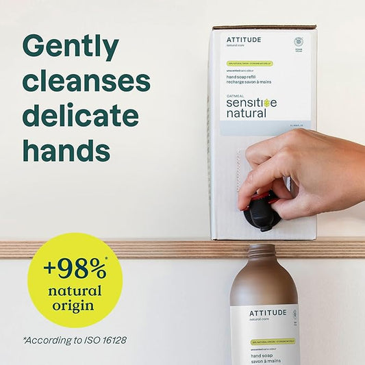 ATTITUDE Gentle Hand Soap for Sensitive Skin, EWG Verified, Enriched with Oats, Dermatologically Tested, Vegan, Unscented, Bulk Refill, 67.6 Fl Oz