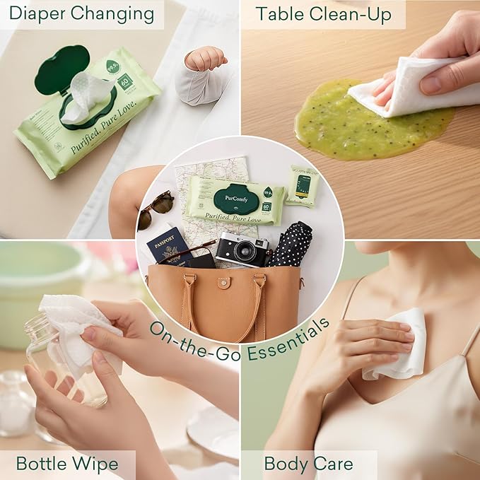 PurComfy Baby Wipes Unscented, 12 Flip-Top Packs + 12 Travel Pack 99.9% Water Wipes with Plant Based, Hypoallergenic for Sensitive Newborn Skin, Total 816 Count Wet Wipes