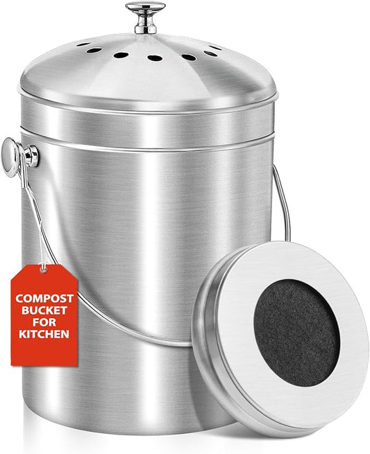 ENLOY Compost Bucket for Kitchen Countertop, 1.3 Gallon Stainless Steel Compost Bin Indoor with Lid, Odorless Food Waste Bucket with Charcoal Filter, Compost Pail for Kitchen with Carrying Handle