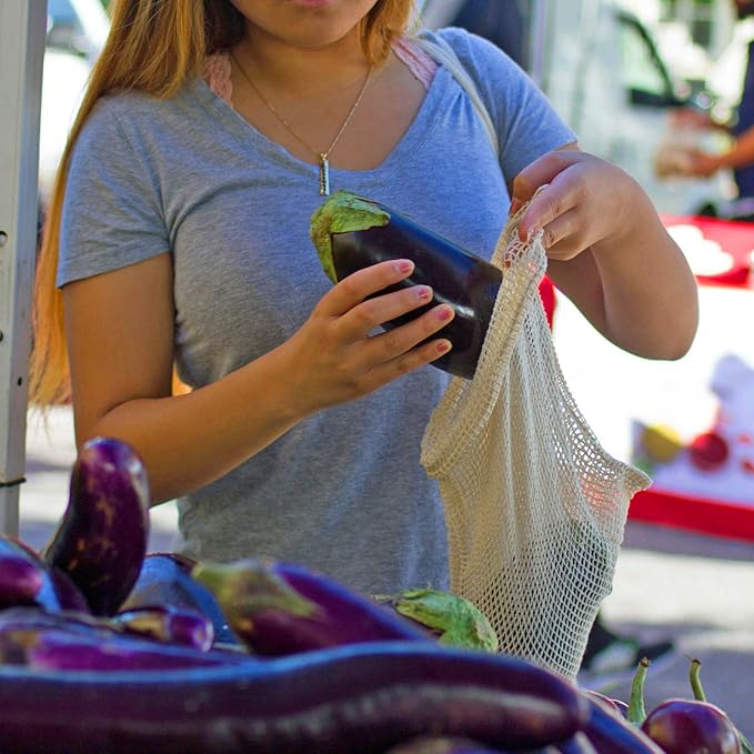 Simple Ecology Reusable Produce Shopping and Storage Bags, Drawstring, Washable Organic Cotton Mesh, Small 3 pack