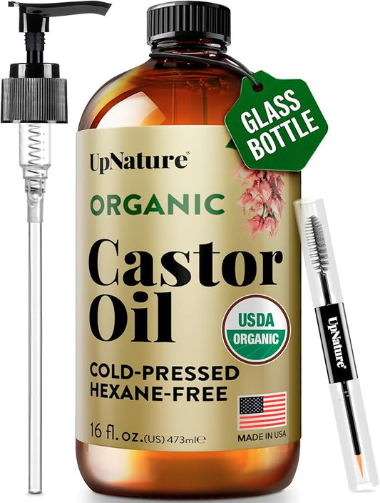 UpNature Organic Castor Oil in Glass Bottle (16 oz) 100% Pure Cold Pressed Unrefined Castor Oil for Hair Skin Face (Hexane Free)