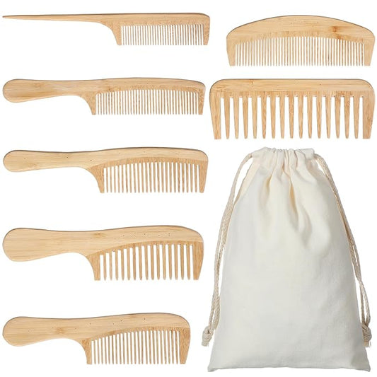 Honeydak 7 Pcs Bamboo Comb Set Natural Handmade Anti-static Wide Tooth Rat Tail Fine Tooth Combs Designed for Long, Short, Thick, Thin, Curly or Wavy Hair Detangling Suitable for Both Women and Men