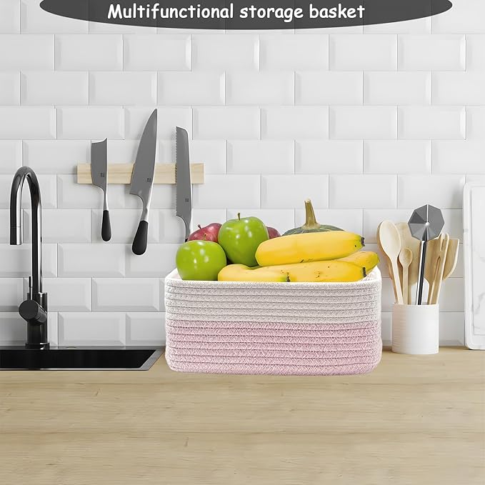 COMFY-HOMI 13" x 8.5" x 5.1" Storage Baskets for Organizing | Cotton Rope Woven Basket | Toy Storage Bin Box | Basket for Shelves, Closet Organizer Bin, Decorative Closet Shelf, 3 Pack, white/pink