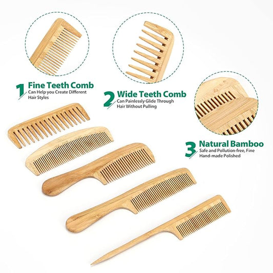 5 Pcs Natural Handmade Bamboo Anti-Static Combs Set - Wide Tooth, Rat Tail and Fine Tooth for Long, Short, Thick, Thin, Wavy or Curly Hair Detangling (Natural)