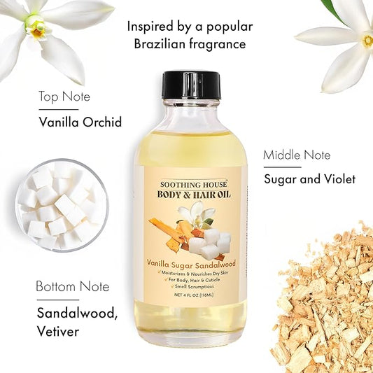 Vanilla Sugar Sandalwood Body & Hair Oil – Inspired Warm Gourmand Scent – Hydrating & Nourishing Oil for Skin, Hair & Cuticles – Lightweight, Fast-Absorbing, 4 fl oz
