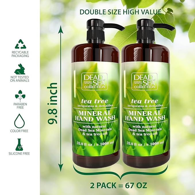 Dead Sea Collection Hand Soap Pump Tea Tree - Hand Wash Liquid with Dead Sea Minerals and Tea Tree Nourishing - Invigorates & Detoxifies Oil - Gentle for All Skin Types Pack of 2 (33.8 Fl Oz Each)
