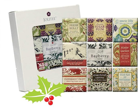 Jolitee French Milled Botanical Soap Sampler Set of 9 - Individually Wrapped Vegetable-Based Mini Soaps with Essential Oils, Shea Butter, and Natural Extracts (Seasons Scents)