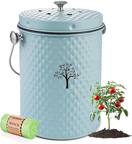 AOSION Countertop Compost Bin Kitchen,Odor Resistant Indoor Compost Bin with Lid and Compost Bags,Compost Bucket Composter Container for Food Waste,Blue