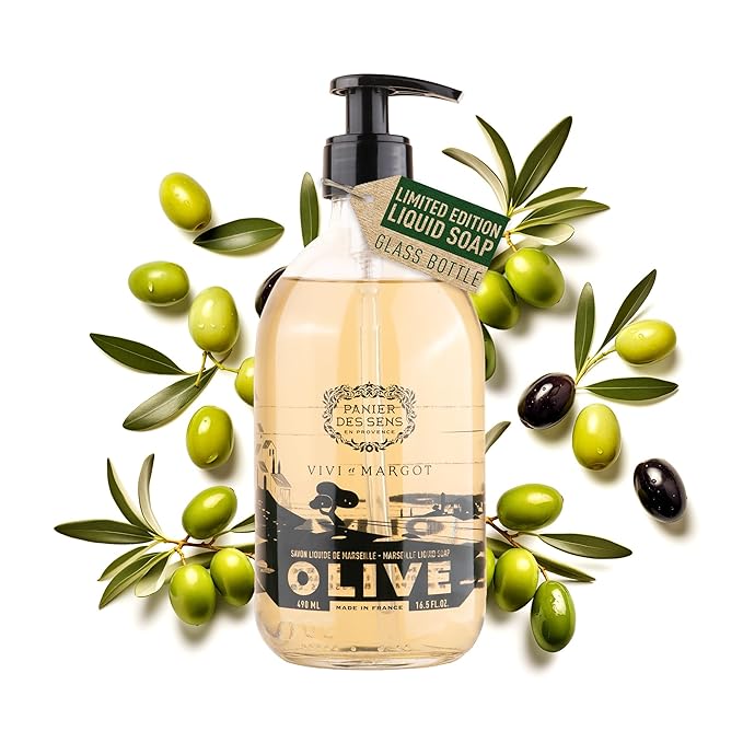 Panier des Sens - Liquid Hand Soap Limited Edition - French Hand Wash with Olive Oil - Marseille Moisturizing Liquid Soap - Refillable Kitchen & Bathroom Soap - 98% Natural - Glass Bottle 16.9 Floz