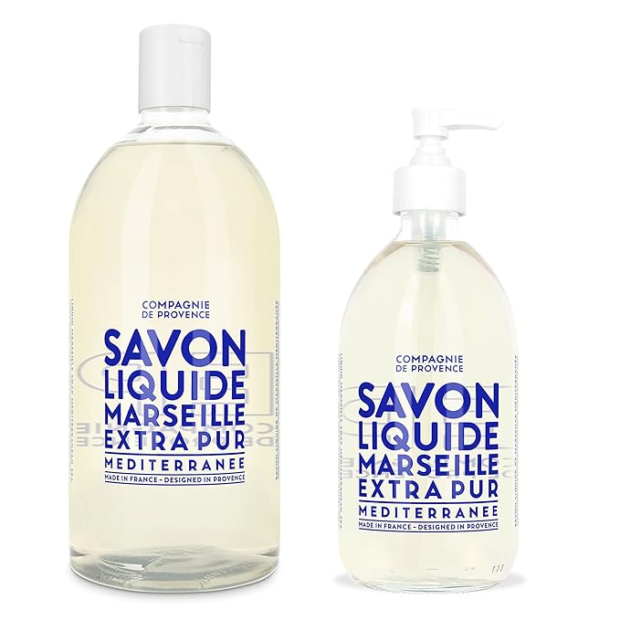 Compagnie de Provence Savon de Marseille Extra Pure Liquid Soap - Mediterranean Sea - 16.7 Fl Oz Glass Pump Bottle and 33.8 fl oz Plastic Bottle Refill