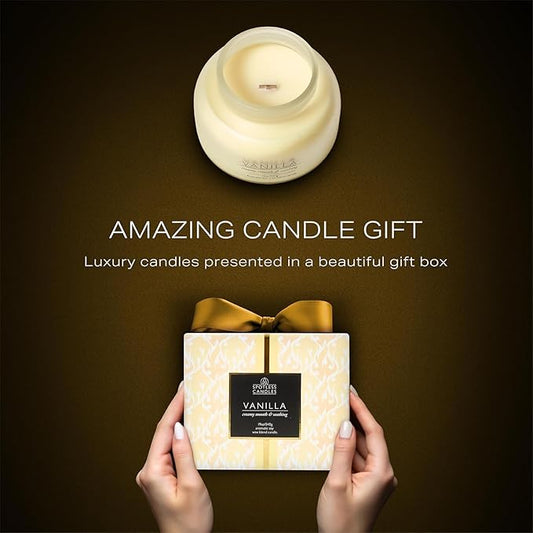 Volcano Vanilla Candle 19oz:- with a Crackling Wooden Wick in Large 4" x 5" Large Elegant White Glass Jar in a Presentation Gift Box and Protective Shipping Box
